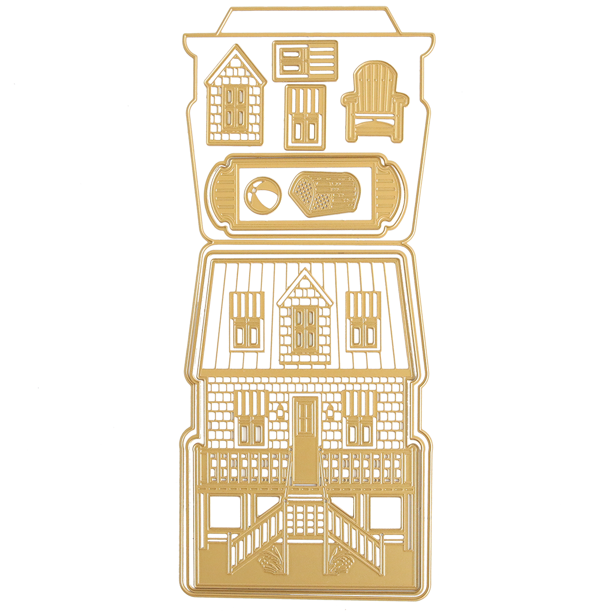 The Summer House 3D Easel Dies are gold metal dies shaped like a house with mini windows, door, chair, ball, pie, and table—perfect for crafting summer or beach cottage cards—all shown on a white background.
