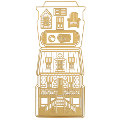 The Summer House 3D Easel Dies are gold metal dies shaped like a house with mini windows, door, chair, ball, pie, and table—perfect for crafting summer or beach cottage cards—all shown on a white background.