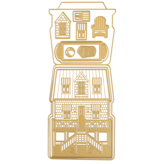 The Summer House 3D Easel Dies are gold metal dies shaped like a house with mini windows, door, chair, ball, pie, and table—perfect for crafting summer or beach cottage cards—all shown on a white background.