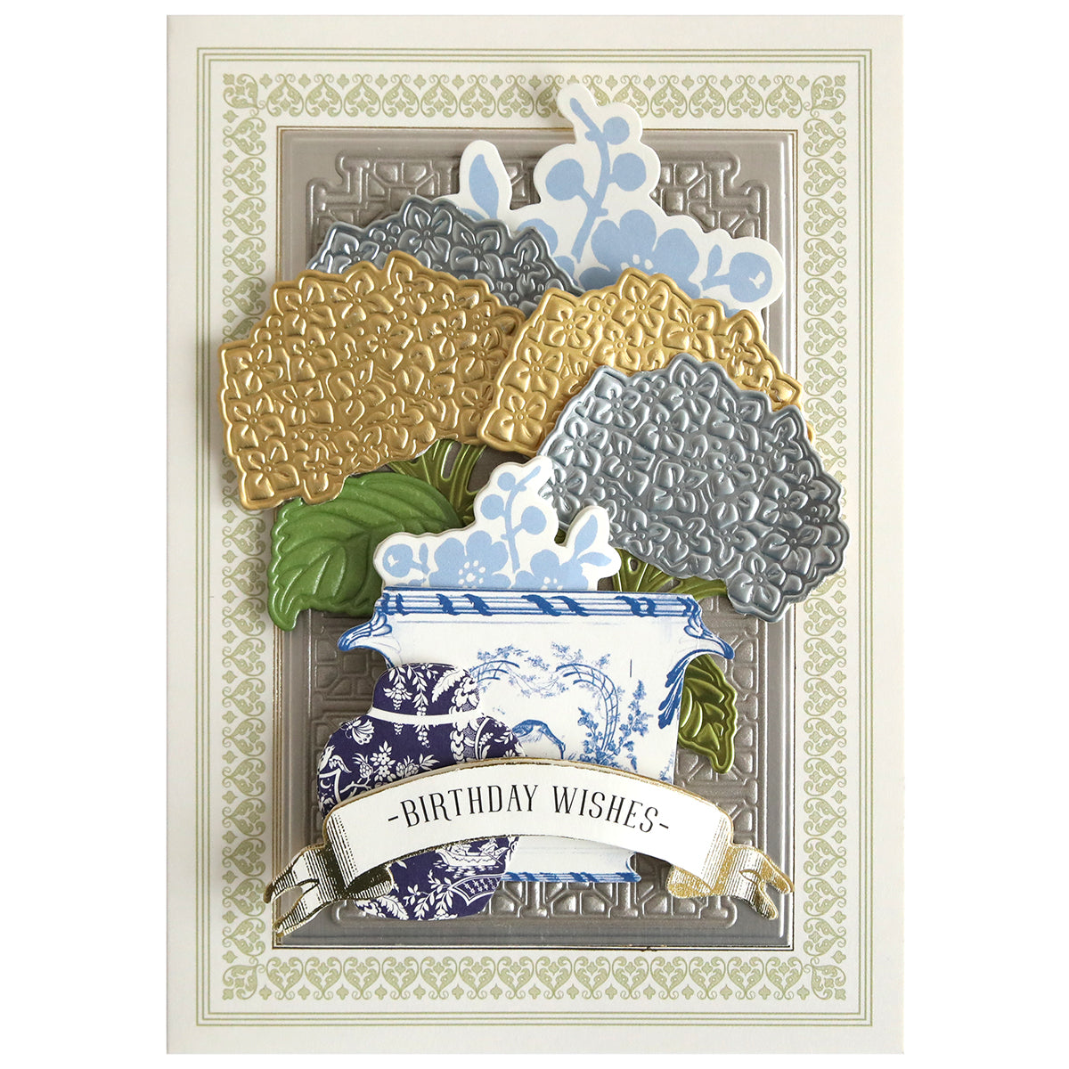 Create stunning birthday cards with Hydrangea 3D Dies—handmade hydrangea blooms in gold, silver, and blue layered above a blue vase with a "Birthday Wishes" banner, perfect inspiration for your next handmade project.