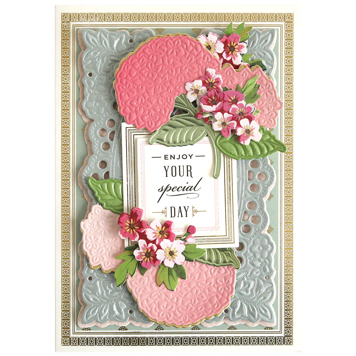 Create stunning handmade cards with Hydrangea 3D Dies—featuring embossed pink hydrangea blooms, green leaves, and a layered "Enjoy your special day" sentiment. Ideal for adding elegant dimension to your paper crafting projects.
