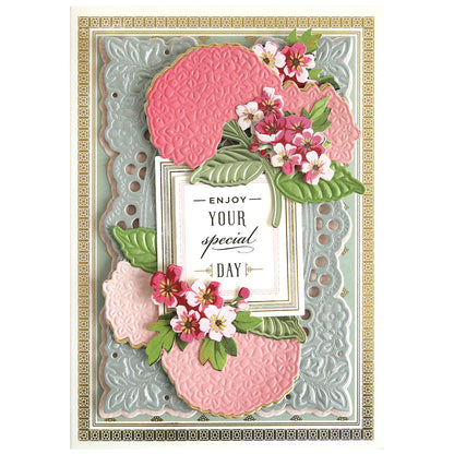 Create stunning handmade cards with Hydrangea 3D Dies—featuring embossed pink hydrangea blooms, green leaves, and a layered "Enjoy your special day" sentiment. Ideal for adding elegant dimension to your paper crafting projects.
