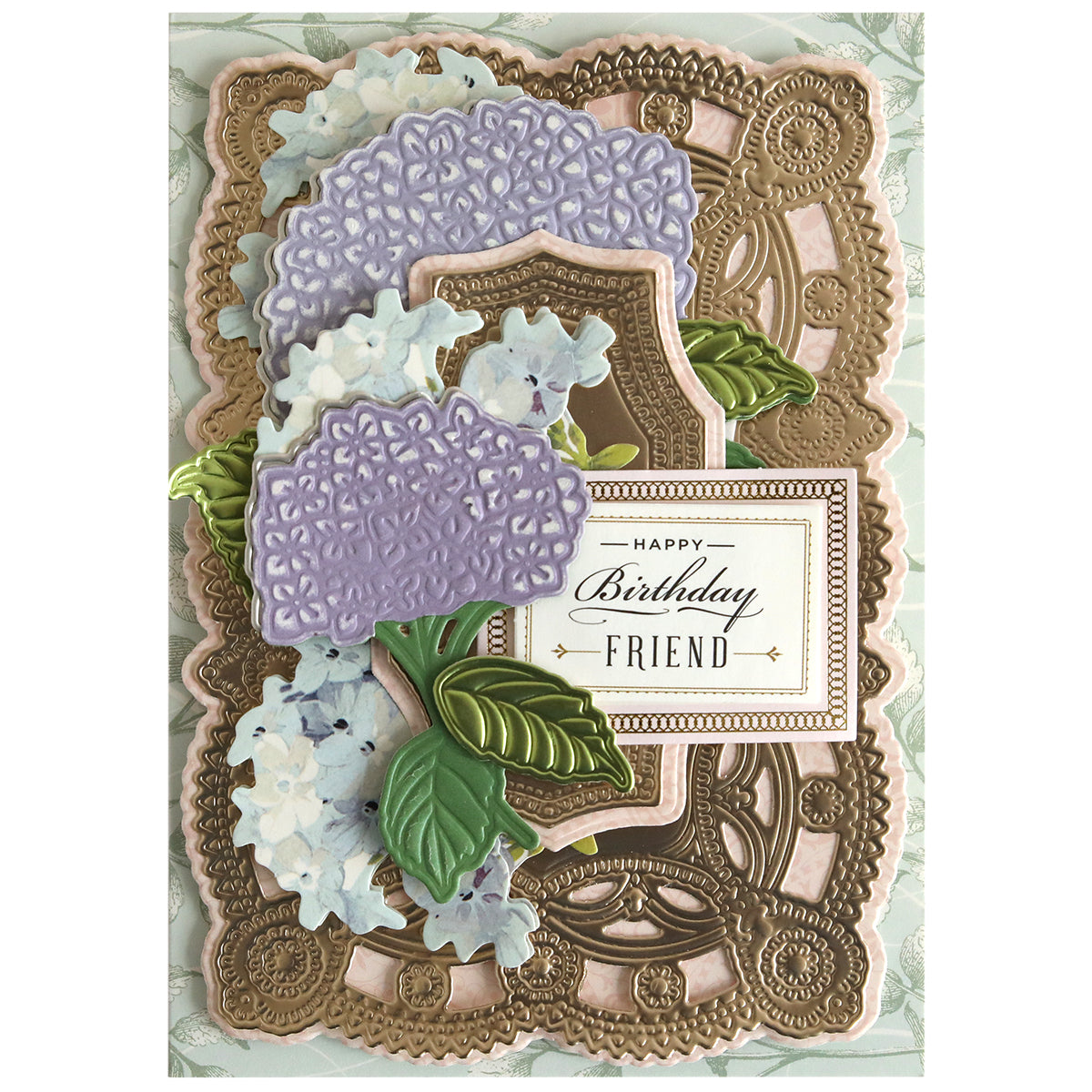 Create special birthday projects with Hydrangea 3D Dies—featuring purple and white hydrangeas, green leaves, and an ornate gold-beige frame with "Happy Birthday Friend." Ideal for handmade cards and celebrations.