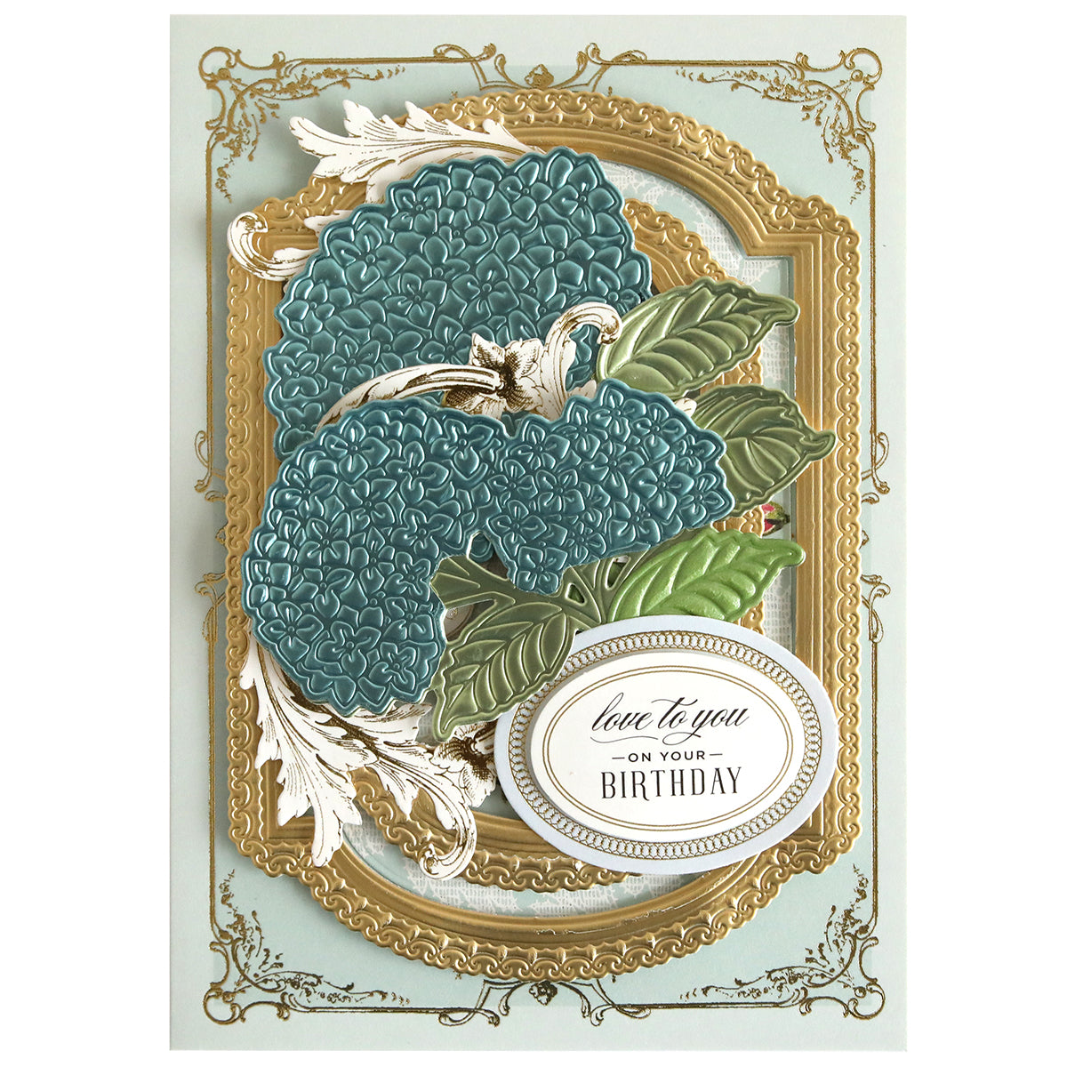 Create handmade projects with elegant detail using Hydrangea 3D Dies—featuring embossed blue hydrangea blooms, a gold ornate frame, and an oval "love to you ON YOUR BIRTHDAY" label. Perfect for sophisticated greeting cards.