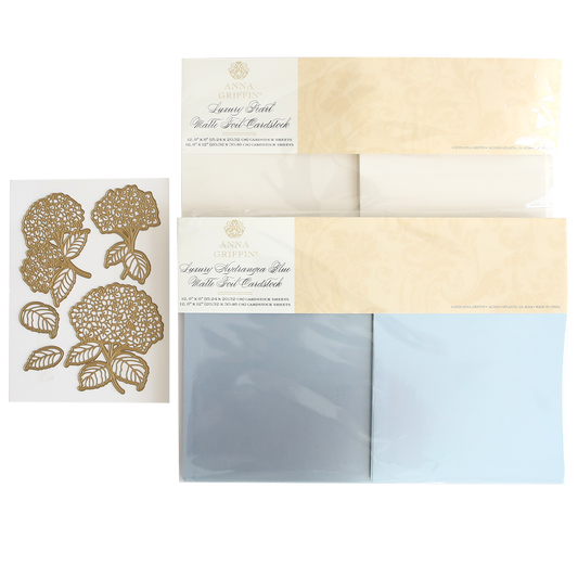 The Hydrangea Dies with Cardstock Bundle includes cream and blue luxury cardstock for layering, plus a gold foil hydrangea flower embellishment sheet.