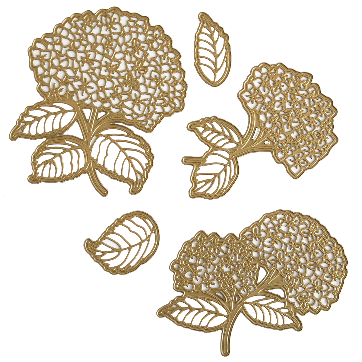 The Hydrangea 3D Dies set includes three gold metal hydrangea bloom cutouts with leaves and two separate gold leaf cutouts, all displayed on a white background—perfect for layering in your handmade projects.