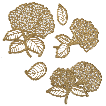 The Hydrangea 3D Dies set includes three gold metal hydrangea bloom cutouts with leaves and two separate gold leaf cutouts, all displayed on a white background—perfect for layering in your handmade projects.
