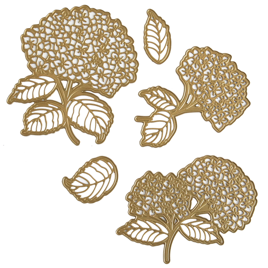 The Hydrangea 3D Dies set includes three gold metal hydrangea bloom cutouts with leaves and two separate gold leaf cutouts, all displayed on a white background—perfect for layering in your handmade projects.