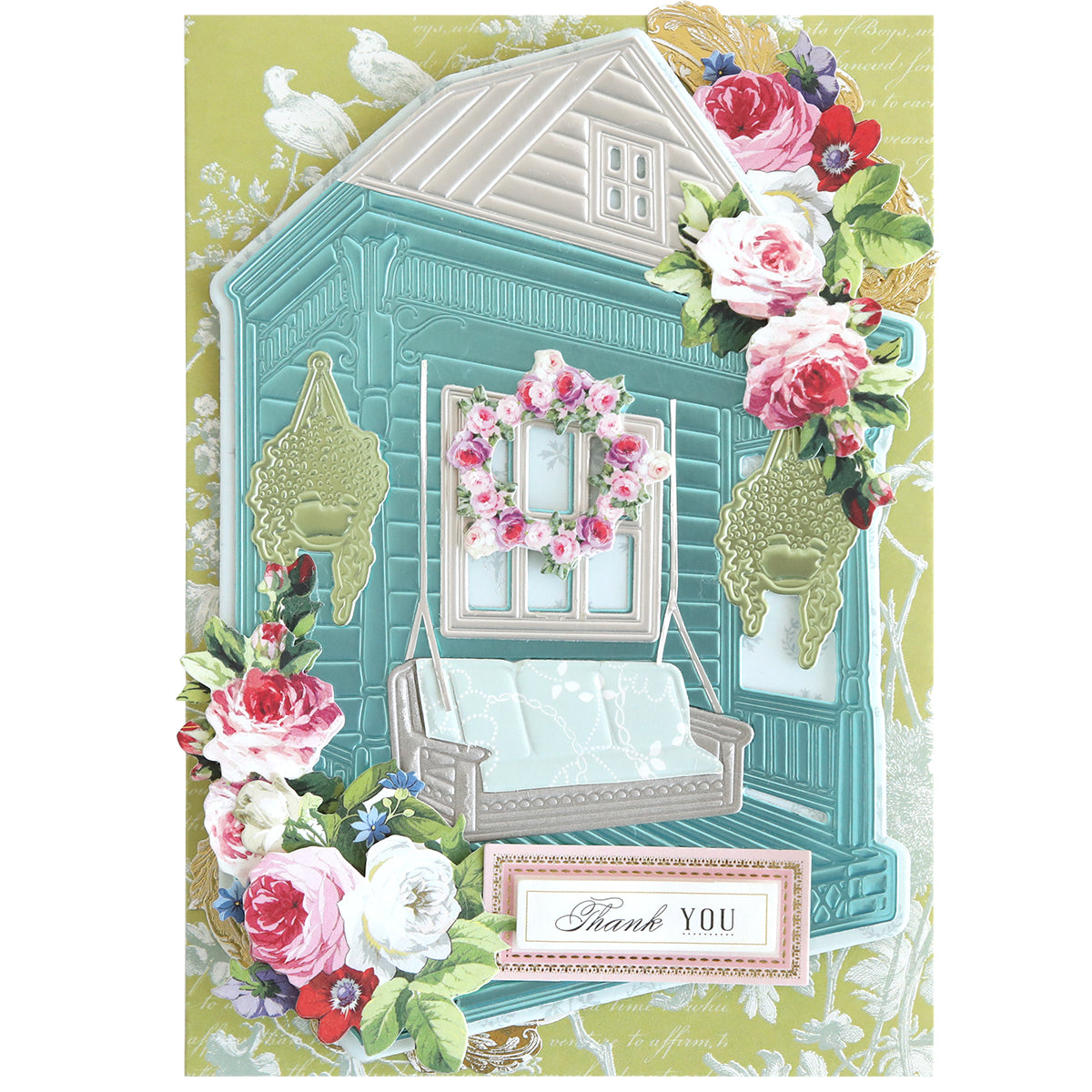 Illustration of a teal porch swing with a floral wreath, vibrant flowers, gold accents, and a "Thank You" label on green—ideal inspiration for handmade cards and layered designs using Front Porch Scene Dies.