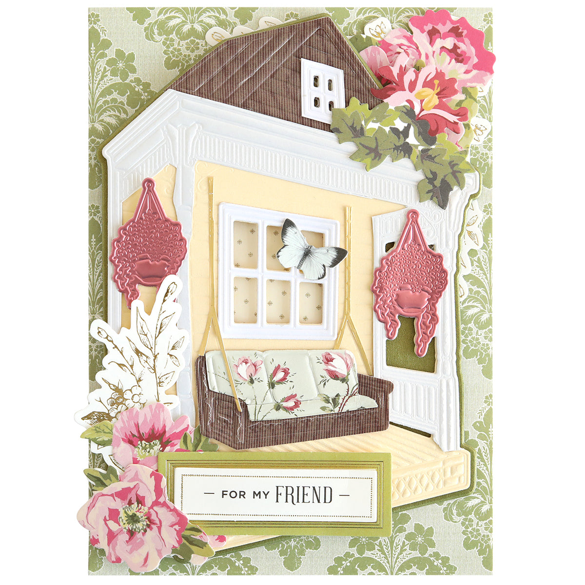 Greeting card featuring a dimensional porch with floral sofa, planters, flowers, butterfly, and "For My Friend" label—perfect for handmade card lovers and fans of Front Porch Scene Dies.