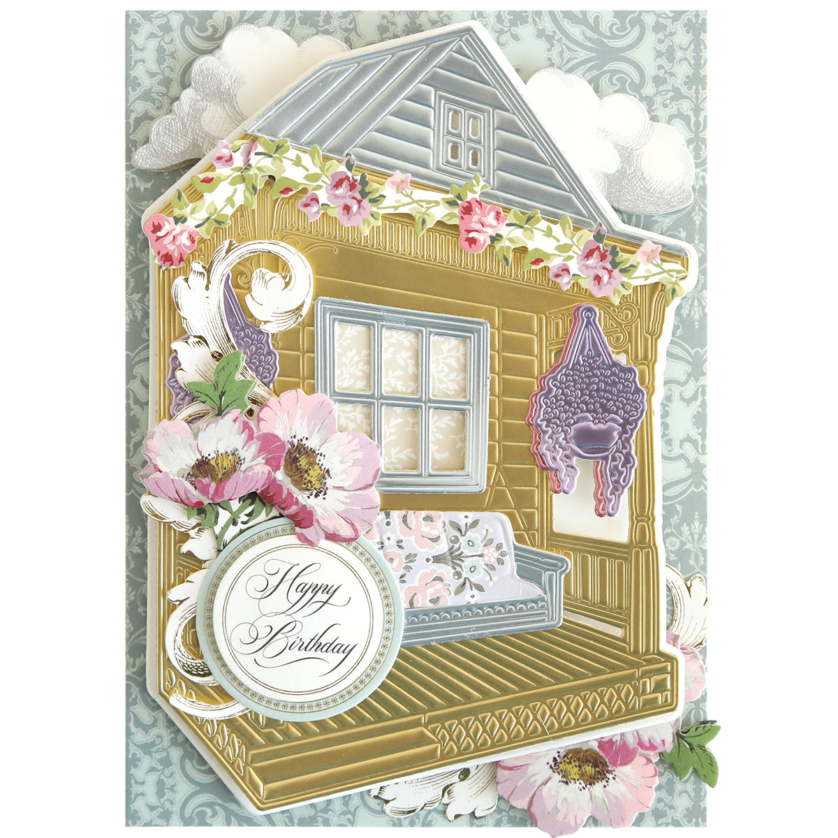 Illustration of a porch with a swing, flowers, and "Happy Birthday" in cursive on a round sign—ideal for handmade cards crafted with Front Porch Scene Dies for dimensional effects.
