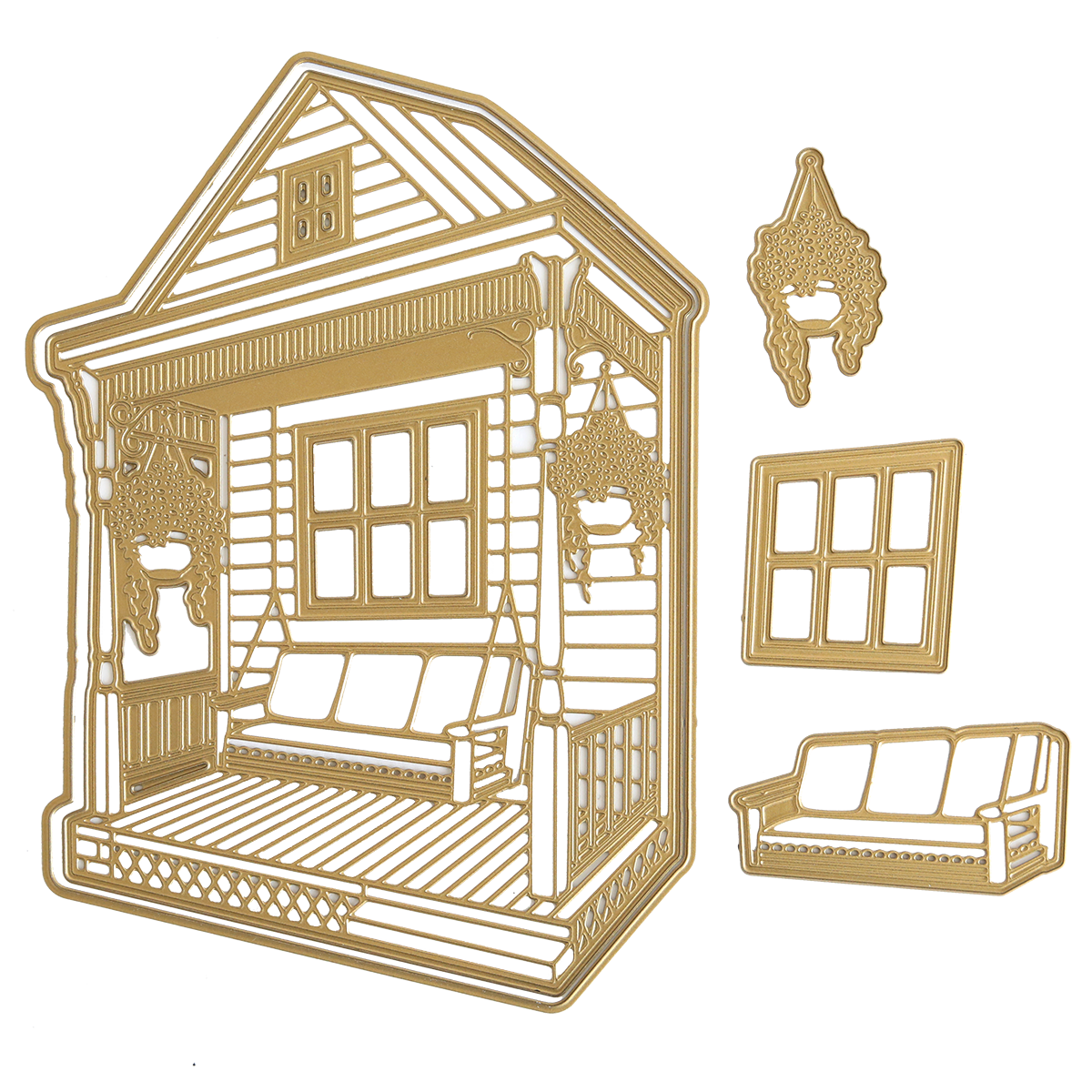 Front Porch Scene Dies: Gold metal die cuts including a swing, window, sofa, and hanging plants on a white background—ideal for adding dimensional details to handmade cards.
