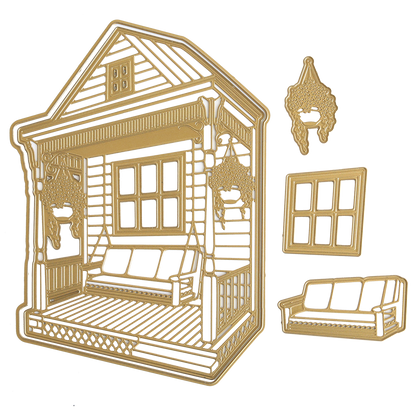 Front Porch Scene Dies: Gold metal die cuts including a swing, window, sofa, and hanging plants on a white background—ideal for adding dimensional details to handmade cards.