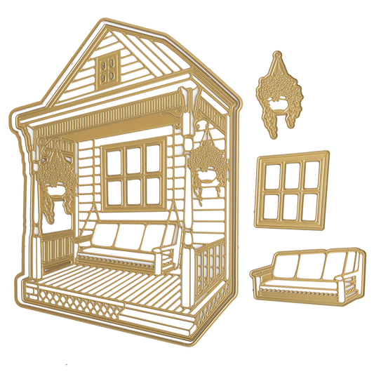 Front Porch Scene Dies: Gold metal die cuts including a swing, window, sofa, and hanging plants on a white background—ideal for adding dimensional details to handmade cards.