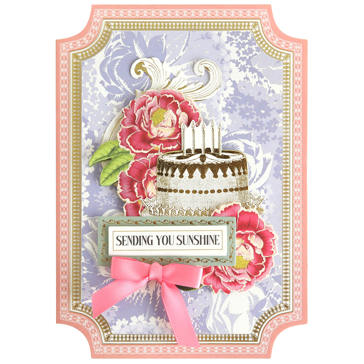 Create beautiful handmade cards with the Simply Summer Card Making Kit, featuring a decorative card with a floral background, cake with candles, pink flowers and bow, and a "Sending You Sunshine" label.