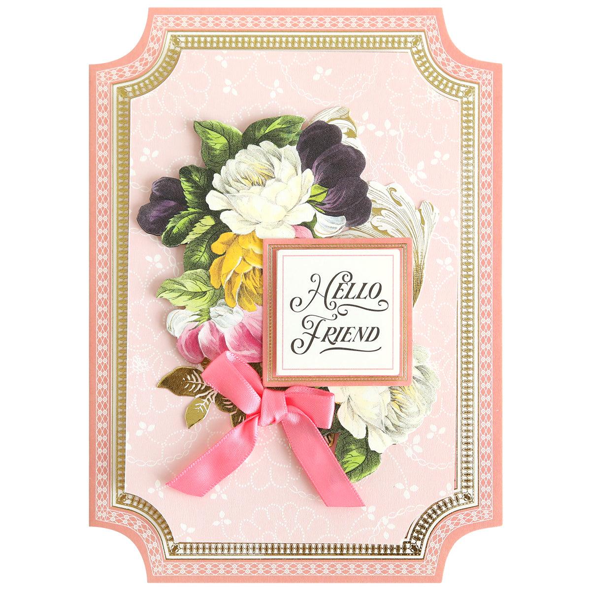 A handmade card from the Simply Summer Card Making Kit features floral illustrations, a pink ribbon, and “Hello Friend” in ornate script on a pink and gold bordered background—perfect for your creative projects.