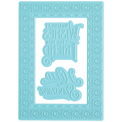 The Summer Frame and Sentiment Gilded Foil Frame Plates is a blue silicone mold with ornate borders, ideal for card making, featuring two sections with reversed text for creating decorative gilded foil frame pieces.