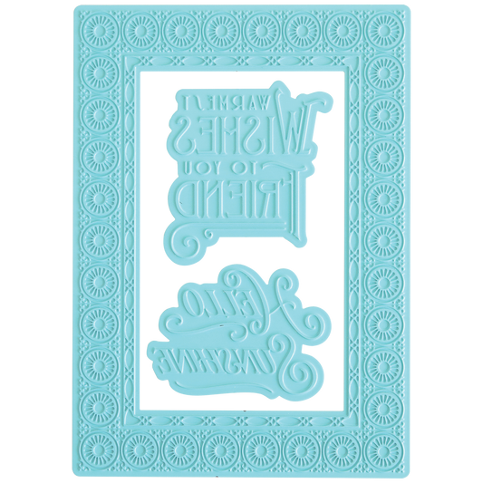 The Summer Frame and Sentiment Gilded Foil Frame Plates is a blue silicone mold with ornate borders, ideal for card making, featuring two sections with reversed text for creating decorative gilded foil frame pieces.