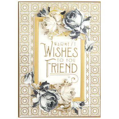 The Summer Frame and Sentiment Gilded Foil Frame Plates set features a gilded foil frame, white and gray flowers, and "Warmest Wishes to You Friend" in gold—ideal for card making enthusiasts.