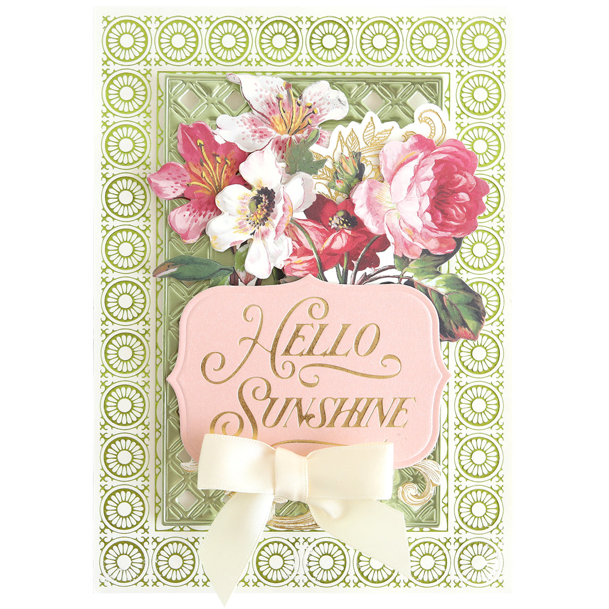 The Summer Frame and Sentiment Gilded Foil Frame Plates feature floral illustrations, a green border, cream bow, and "HELLO SUNSHINE" gold lettering on a pink plaque—perfect for card making with an elegant gilded foil frame.