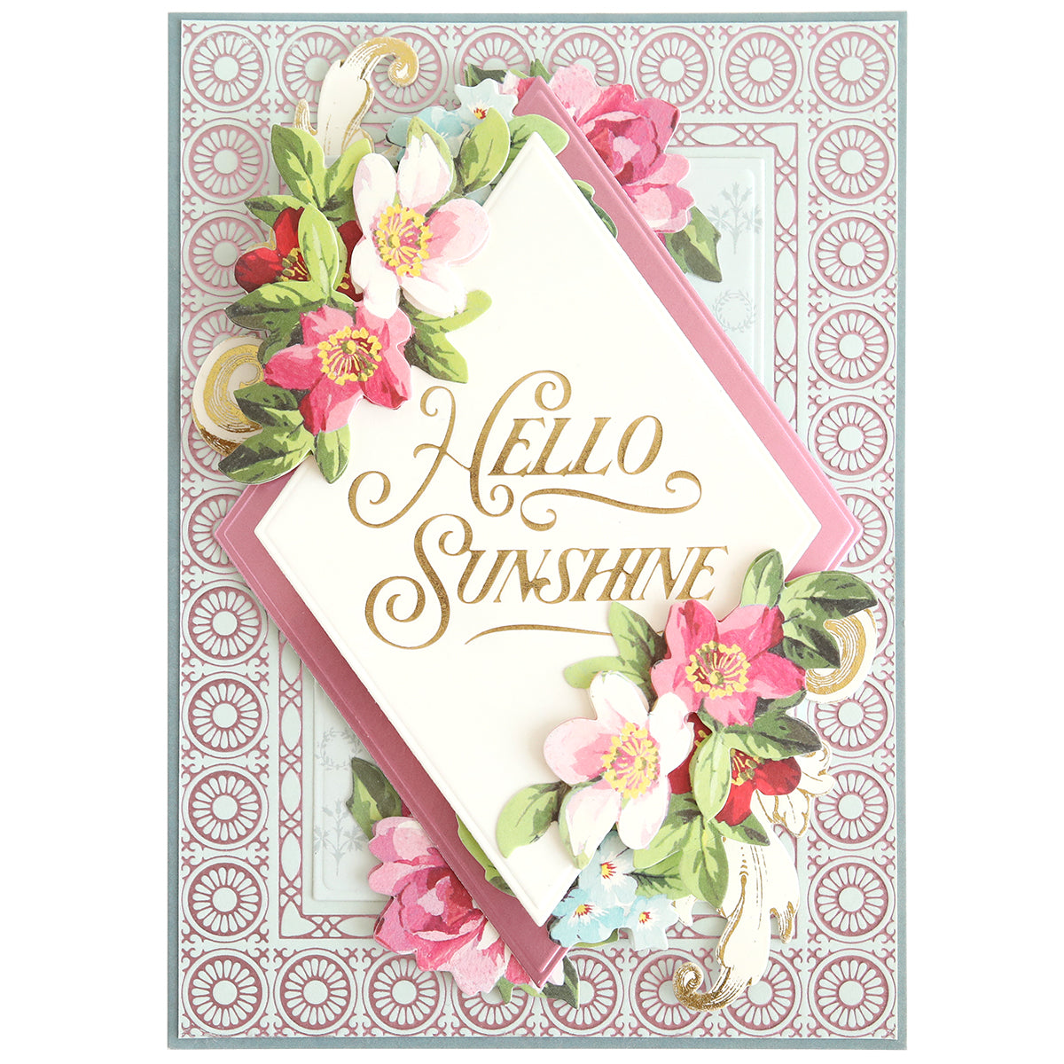 Create elegant cards with the Summer Frame and Sentiment Gilded Foil Frame Plates—feature "Hello Sunshine" in gold script, pink, white, and blue flowers on a patterned mauve and white background with a gilded foil frame for extra elegance.