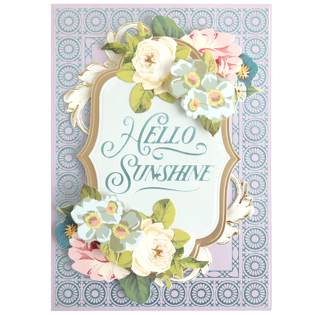 The Summer Frame and Sentiment Gilded Foil Frame Plates create a "Hello Sunshine" card with elegant script, floral and leaf illustrations, and a gilded foil frame—ideal for card making enthusiasts.