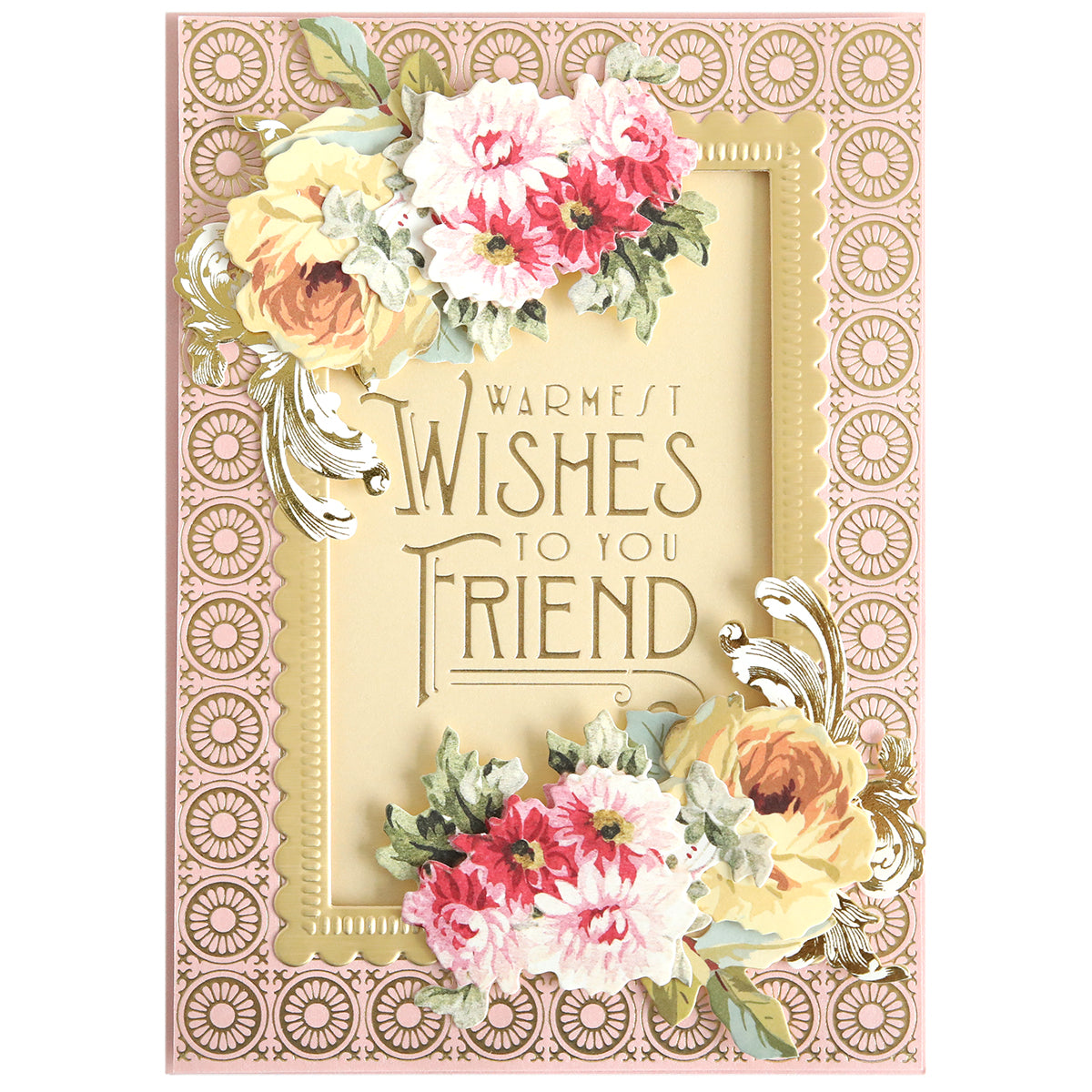 The Summer Frame and Sentiment Gilded Foil Frame Plates create decorative floral greeting cards with a gold "Warmest Wishes to You Friend" message—ideal for card making using hot foil plates on patterned backgrounds.