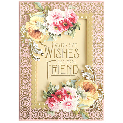 The Summer Frame and Sentiment Gilded Foil Frame Plates create decorative floral greeting cards with a gold "Warmest Wishes to You Friend" message—ideal for card making using hot foil plates on patterned backgrounds.