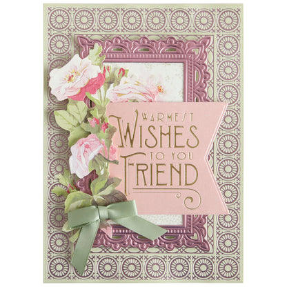 Create stunning cards with the Summer Frame and Sentiment Gilded Foil Frame Plates featuring embossed pink florals, a green ribbon bow, and hot-foiled gold "Warmest Wishes to You Friend" on a pink banner—ideal for card making fans.