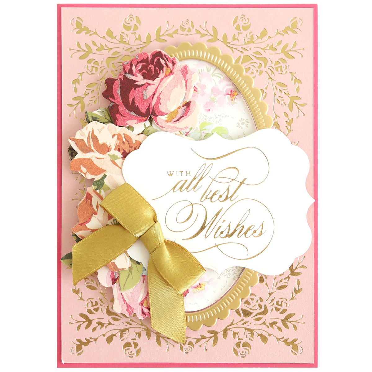 A pink card made with Gilded Rose Frame and Sentiment Hot Foil Plates features a floral border, gold floral accents, paper flowers, a gold ribbon bow, and a “With all best wishes” label in gold script.