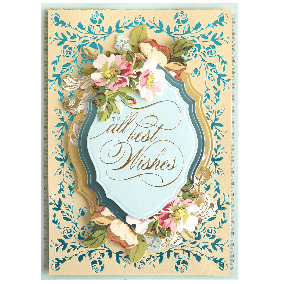 The Rose Garden Frame and Sentiment Gilded Foil Frame Plates feature ornate blue and gold floral designs, layered cutouts, and an elegant “With all best wishes” sentiment—ideal for paper craft and hot foil plate lovers.