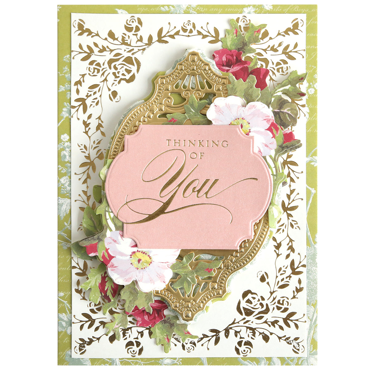 The Rose Garden Frame and Sentiment Gilded Foil Frame Plates create a decorative card with floral designs, a rose frame, gold accents, and "Thinking of You" in elegant script on a pink label.