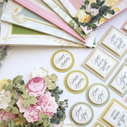 The Folded Rose Card Making Kit includes floral-themed greeting cards and stickers with 3D embellishments and messages like “Happy Birthday” and “Love You”—a perfect addition to your floral card making supplies.