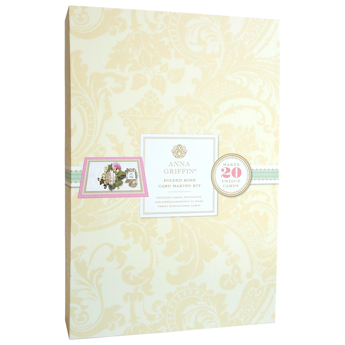 The Folded Rose Card Making Kit by Anna Griffin features a cream and gold floral box with materials and 3D embellishments to create 20 unique cards.