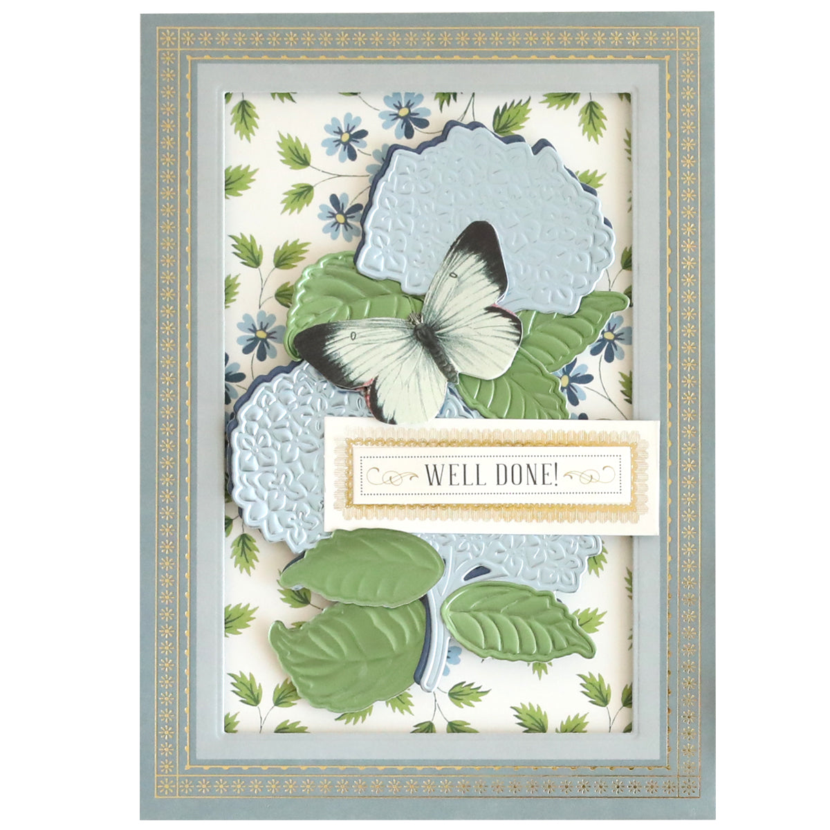 The Luxury Hydrangea Blue Matte Foil Cardstock features blooming hydrangeas, a butterfly, and green leaves with a gold-bordered "WELL DONE!" label on a floral background.