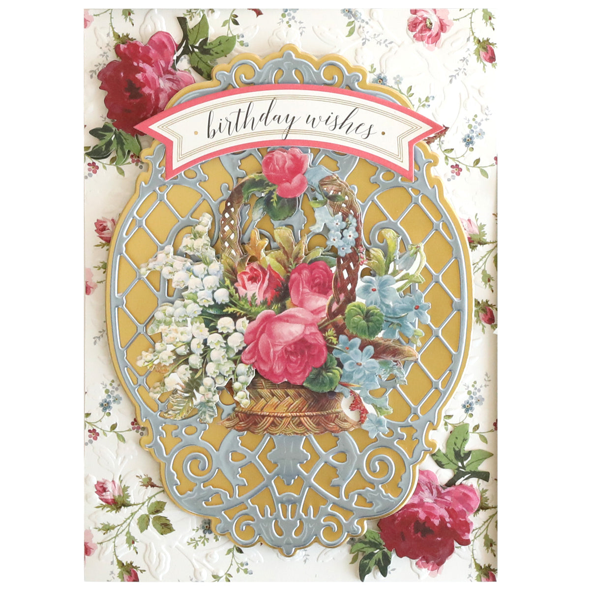 Luxury Hydrangea Blue Matte Foil Cardstock greeting card featuring "birthday wishes" above a basket of vibrant flowers and blooming hydrangeas, set against a floral patterned background.