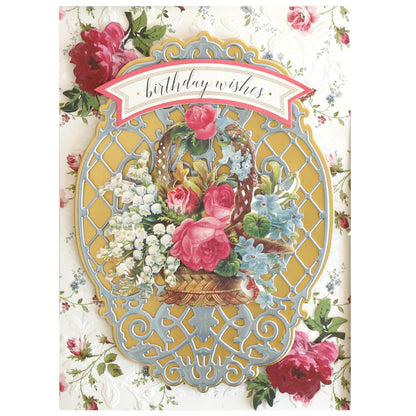 Luxury Hydrangea Blue Matte Foil Cardstock greeting card featuring "birthday wishes" above a basket of vibrant flowers and blooming hydrangeas, set against a floral patterned background.