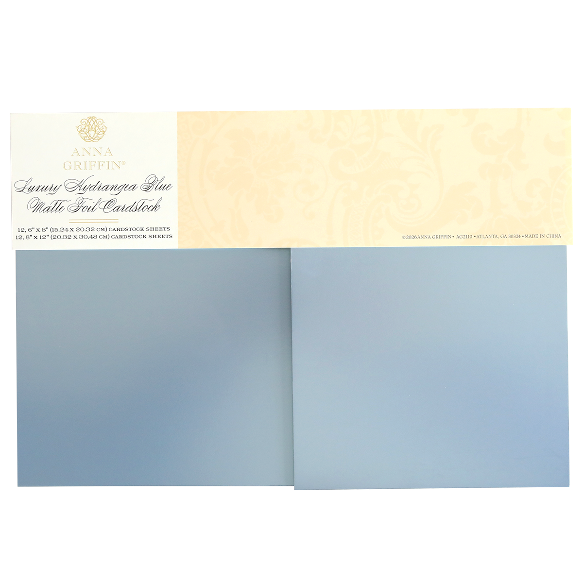 Two sheets of hydrangea blue matte foil cardstock are displayed below a cream-colored label reading "Luxury Hydrangea Blue Matte Foil Cardstock.