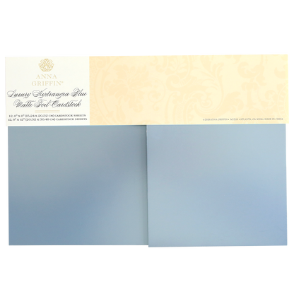 Two sheets of hydrangea blue matte foil cardstock are displayed below a cream-colored label reading "Luxury Hydrangea Blue Matte Foil Cardstock.
