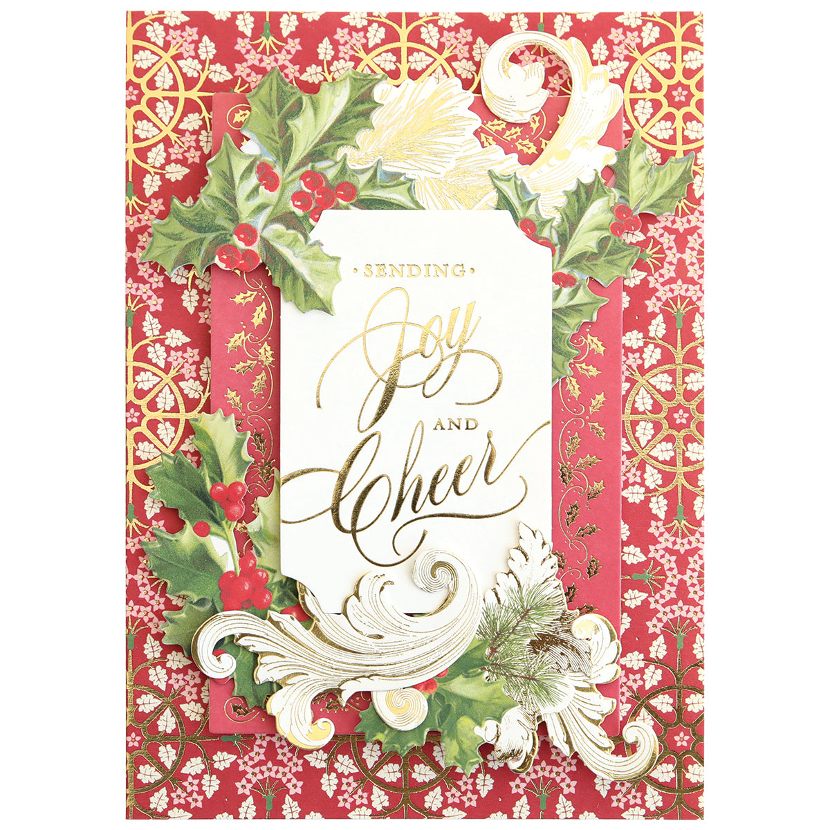 The Christmas Grace Card Making Kit features a festive card with gold and white "Sending Joy and Cheer" text, surrounded by holly, pine, and ornate designs—perfect inspiration for your handmade Christmas cards.