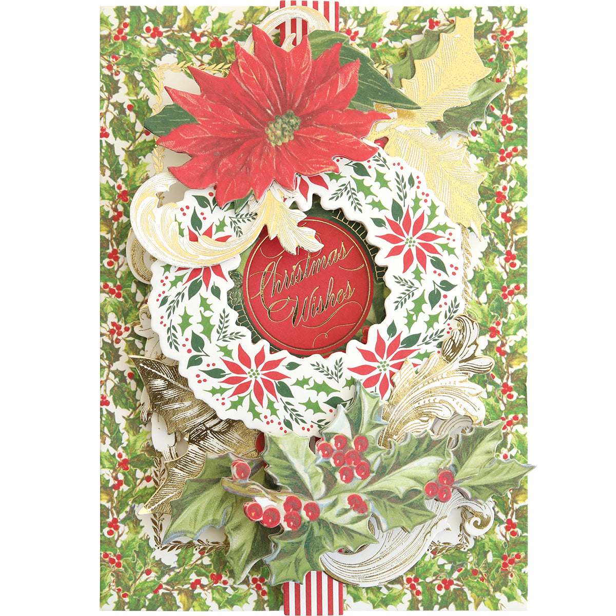The Christmas Grace Card Making Kit features festive red poinsettias, holly, gold accents, and "Christmas Wishes"—perfect inspiration for your next handmade Christmas cards.