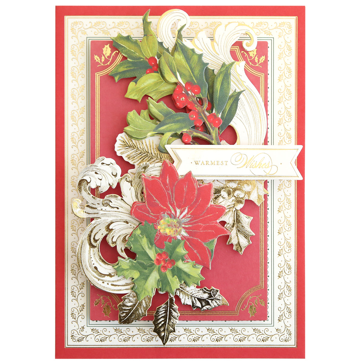 The Christmas Grace Card Making Kit features a decorative card with a red and gold border, poinsettias, holly leaves, and a "Warmest Wishes" banner—ideal inspiration for your handmade Christmas or holiday cards.