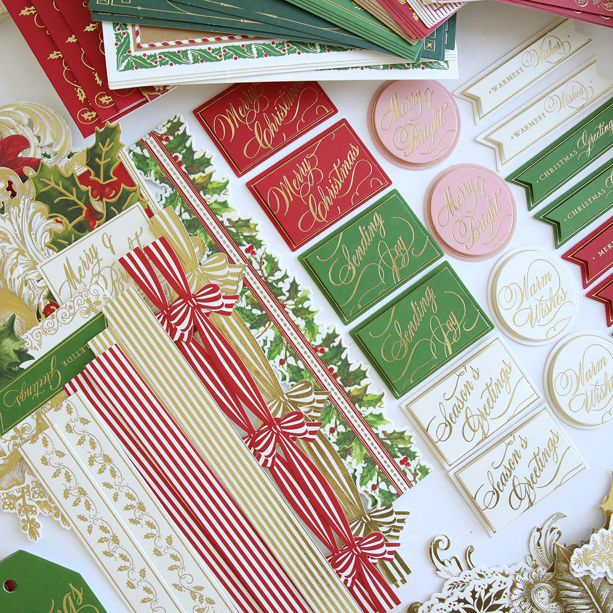 The Christmas Grace Card Making Kit features festive gift tags and labels with holly, stripes, and gold script messages like "Merry Christmas"—perfect for pairing with handmade cards or a holiday card kit.