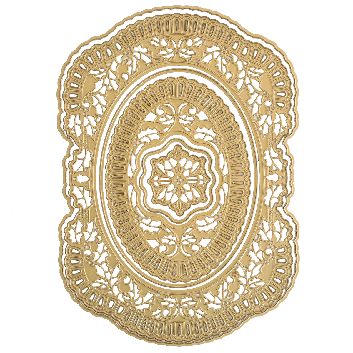 The Christmas Grace 3D Concentric Die Set creates finely detailed gold oval designs with ornate floral and geometric patterns, ideal for embellishing Christmas cards or adding elegance to scrapbook pages. Displayed on a white background.