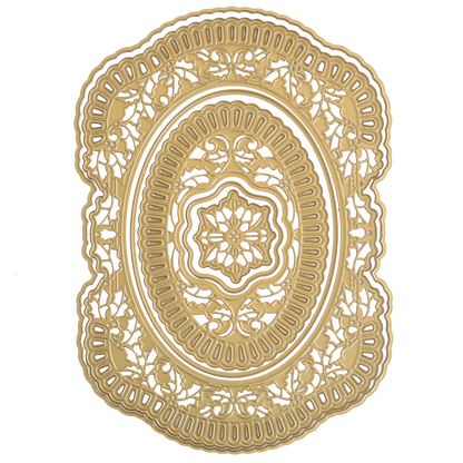 The Christmas Grace 3D Concentric Die Set creates finely detailed gold oval designs with ornate floral and geometric patterns, ideal for embellishing Christmas cards or adding elegance to scrapbook pages. Displayed on a white background.