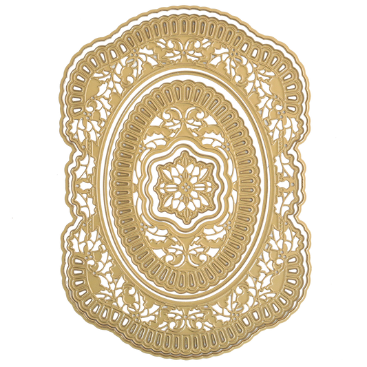 The Christmas Grace 3D Concentric Die Set creates finely detailed gold oval designs with ornate floral and geometric patterns, ideal for embellishing Christmas cards or adding elegance to scrapbook pages. Displayed on a white background.