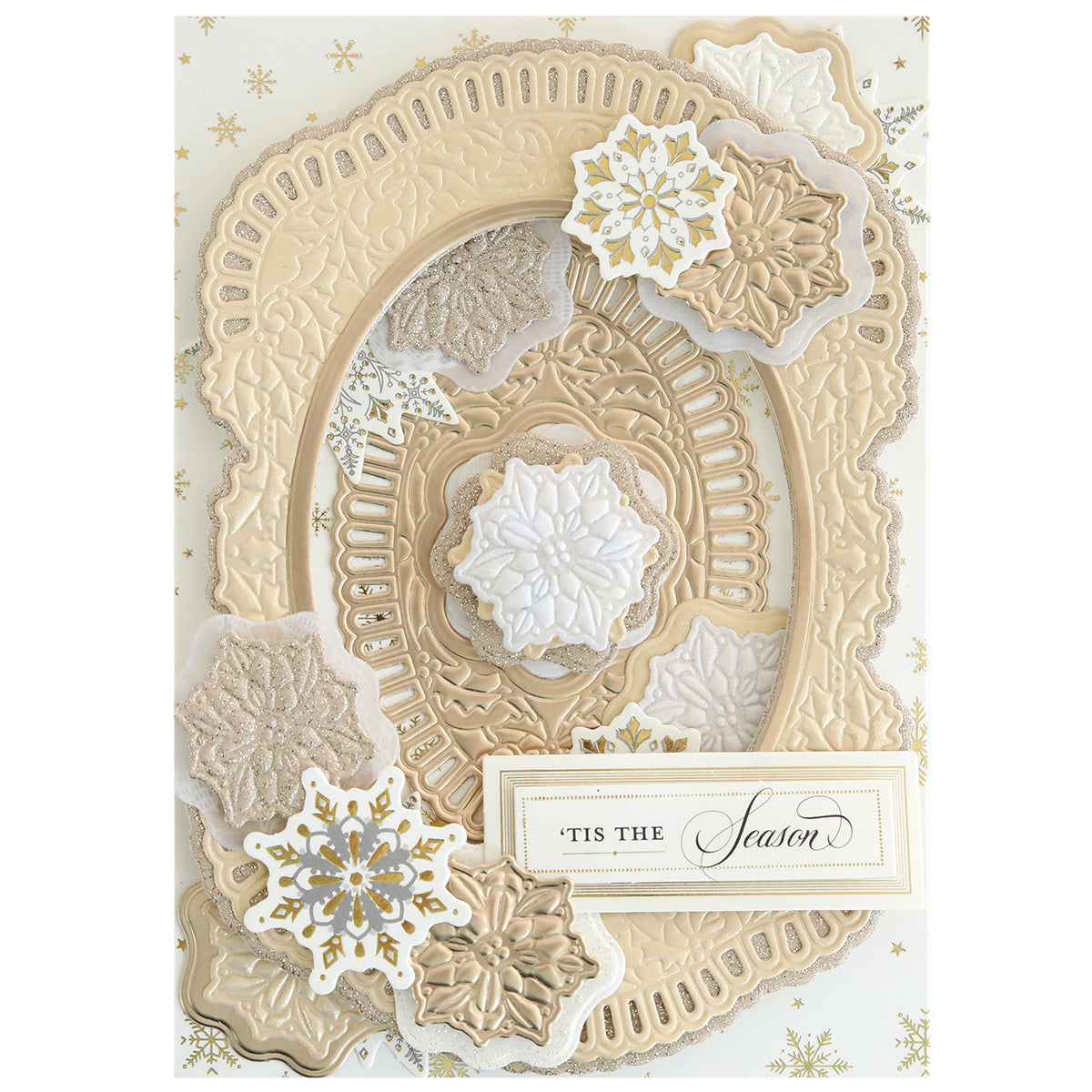 Craft elegant Christmas cards or enhance scrapbook pages with layered beige and white snowflakes, gold accents, and “‘TIS THE Season” text—created using the Christmas Grace 3D Concentric Die Set.
