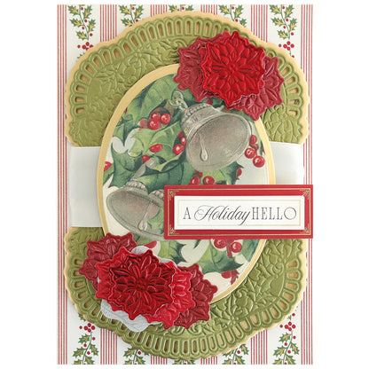 Create festive Christmas cards or add holiday flair to scrapbook pages using the Christmas Grace 3D Concentric Die Set—featuring embossed red flowers, green borders, silver bells, holly leaves, and “A Holiday HELLO” sentiment.
