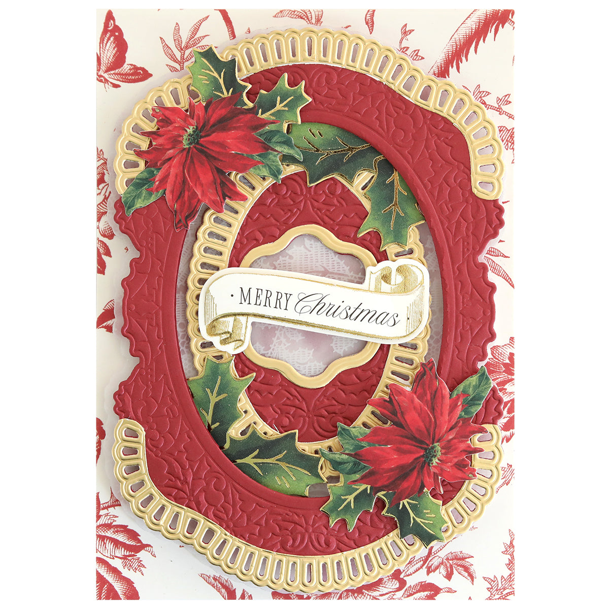 Create elegant Christmas cards or add festive charm to your scrapbook pages with the Christmas Grace 3D Concentric Die Set featuring red poinsettias, holly leaves, and gold frames with a "Merry Christmas" banner.