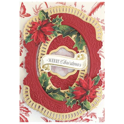 Create elegant Christmas cards or add festive charm to your scrapbook pages with the Christmas Grace 3D Concentric Die Set featuring red poinsettias, holly leaves, and gold frames with a "Merry Christmas" banner.